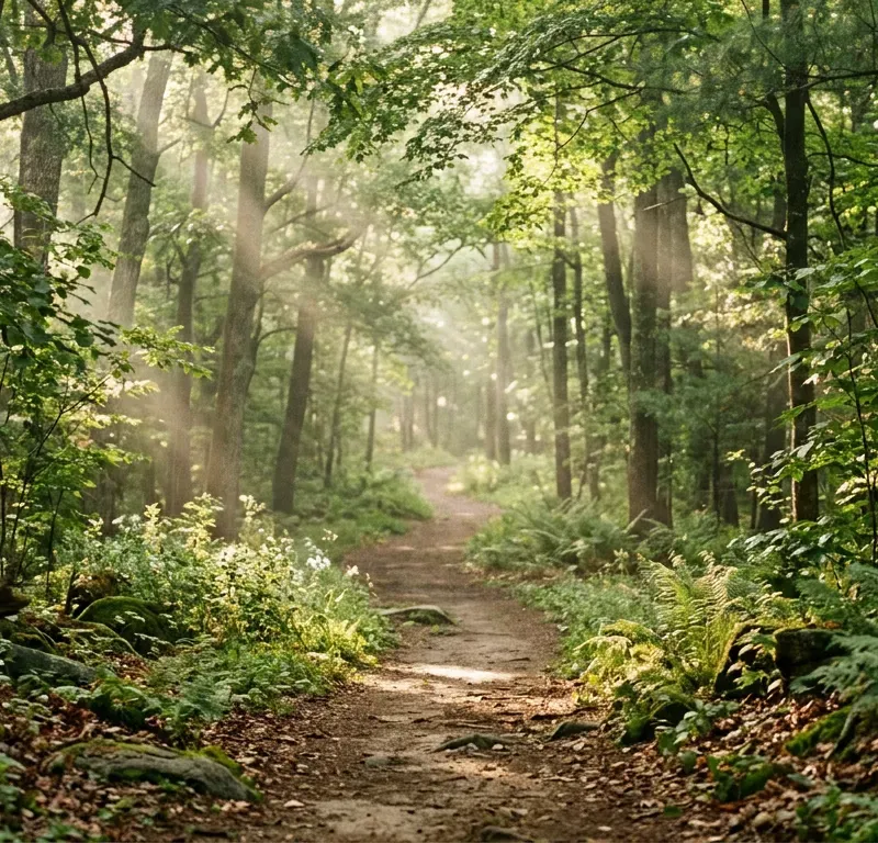 Peaceful wooded path as found in Leesburg, VA, representing the journey of trauma recovery at Wildwood Psychotherapy.