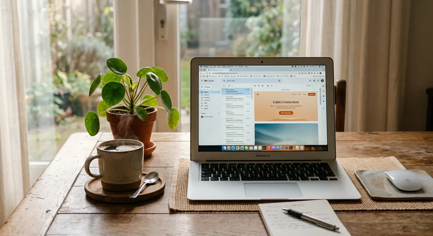Cozy desk with laptop representing digital connection