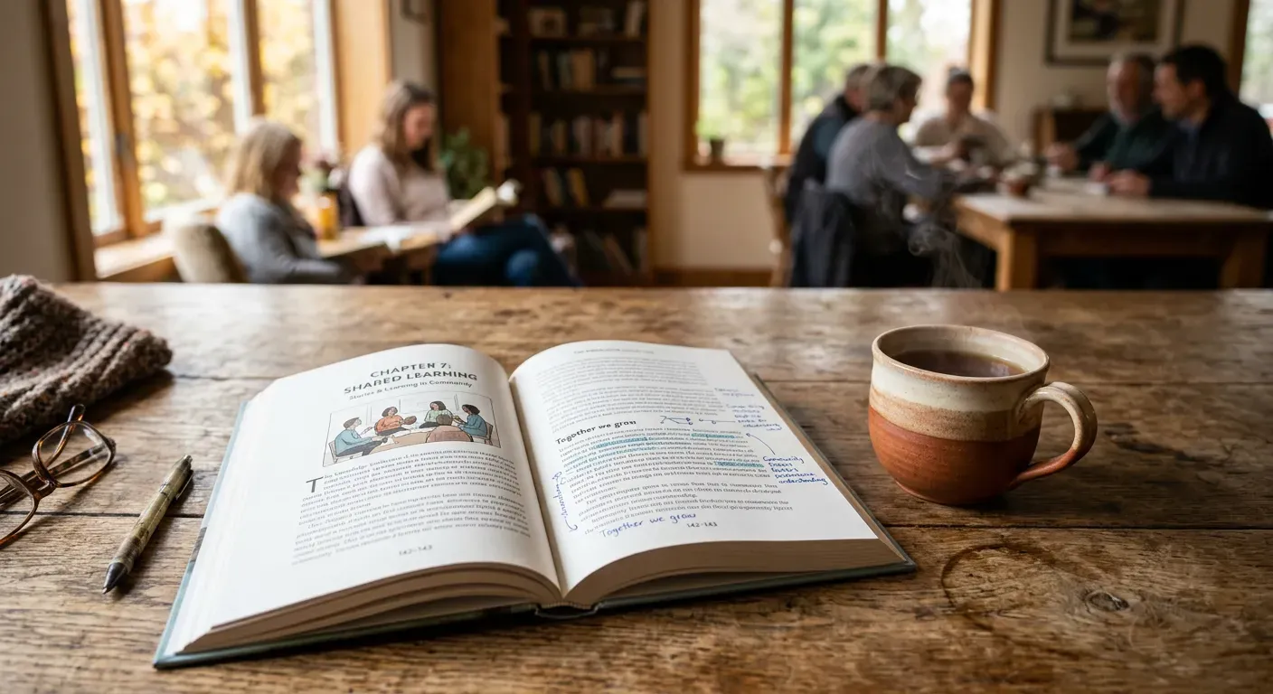 Open book and tea representing community learning