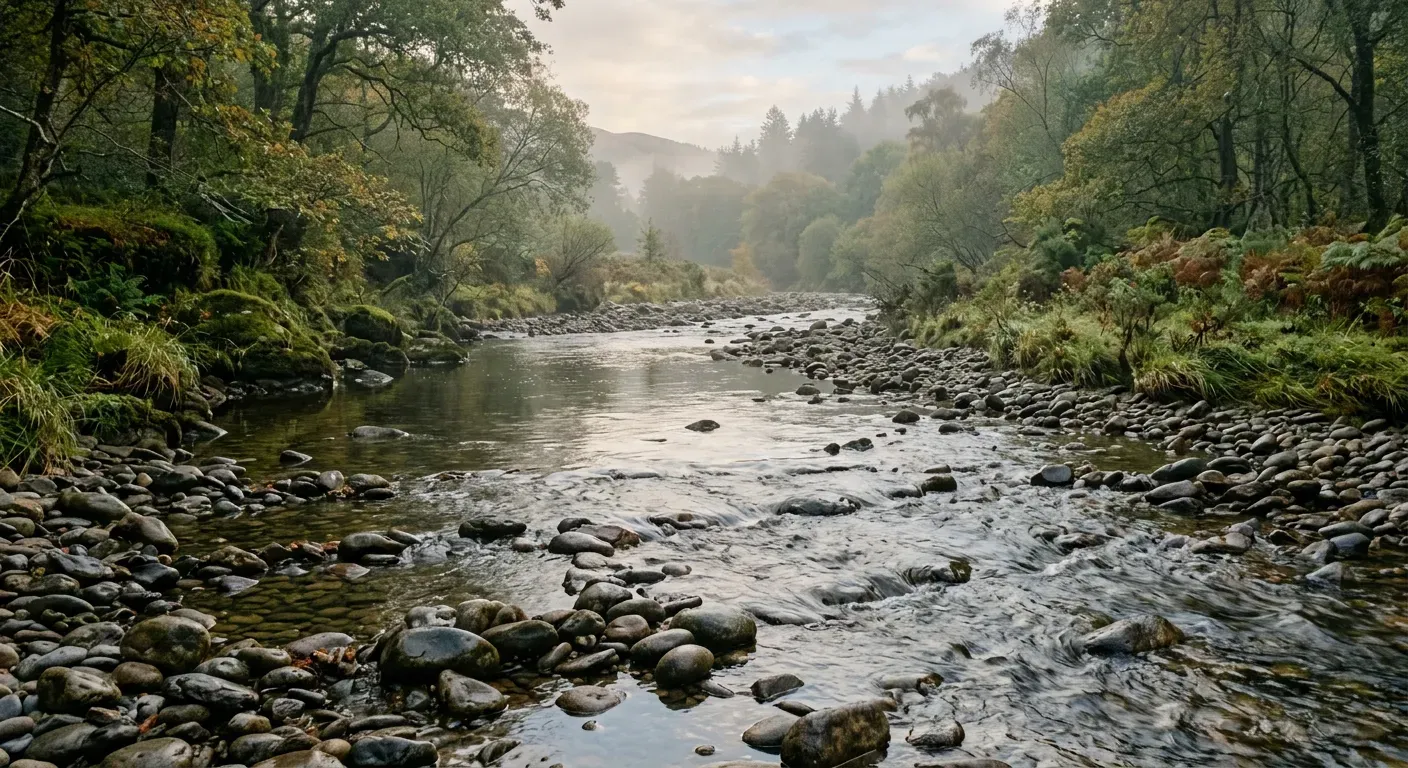 Serene river flowing over stones