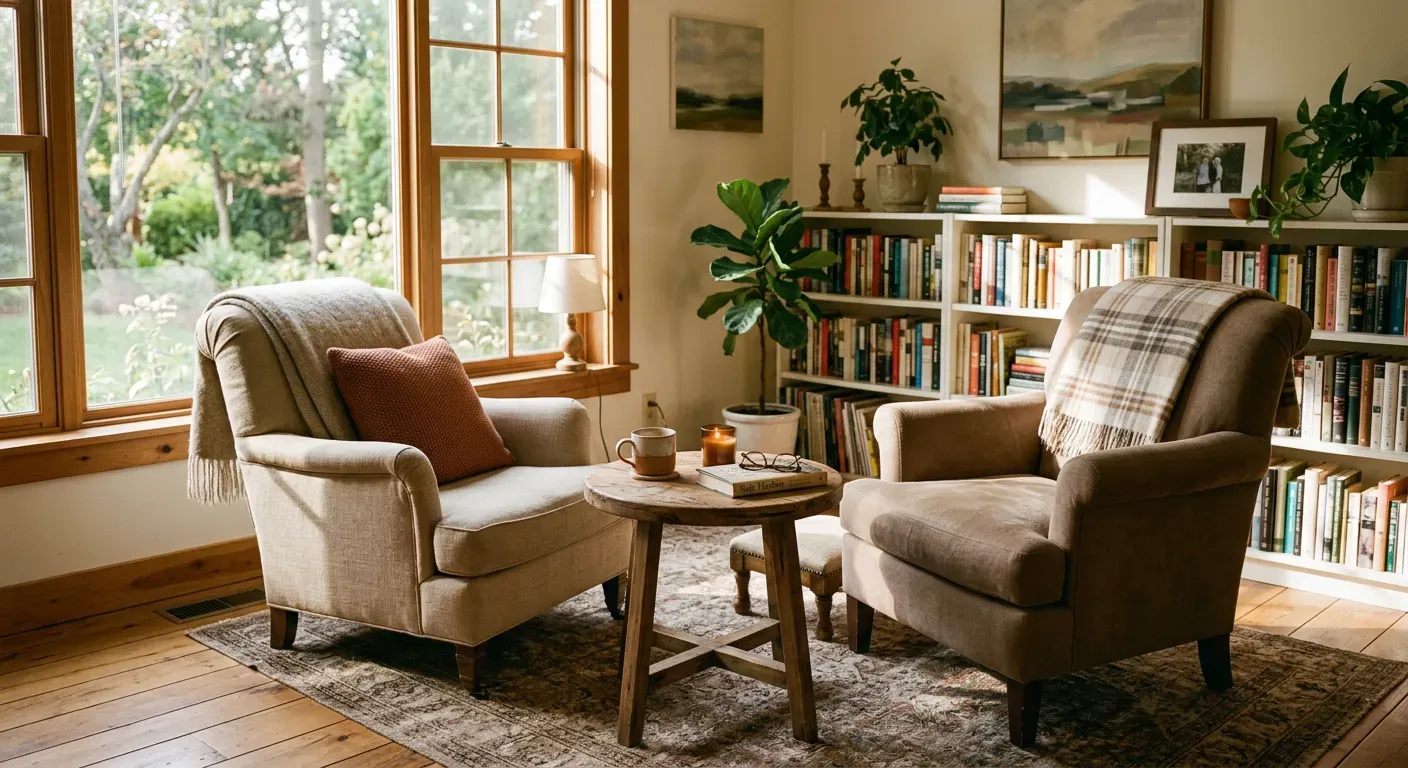 Two comfortable chairs in a sunlit room