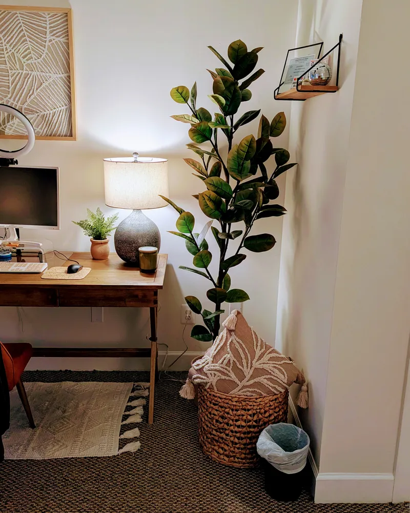 image of wood desk and computer screen in soft-lit office with table lamp on and large fig tree with basked filled with pillows